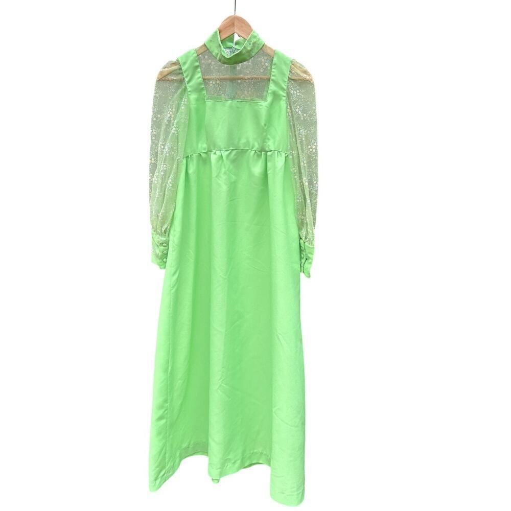 Vintage 60's 70's High Neck Empire Waist Bright Green Spring Floral Maxi Dress